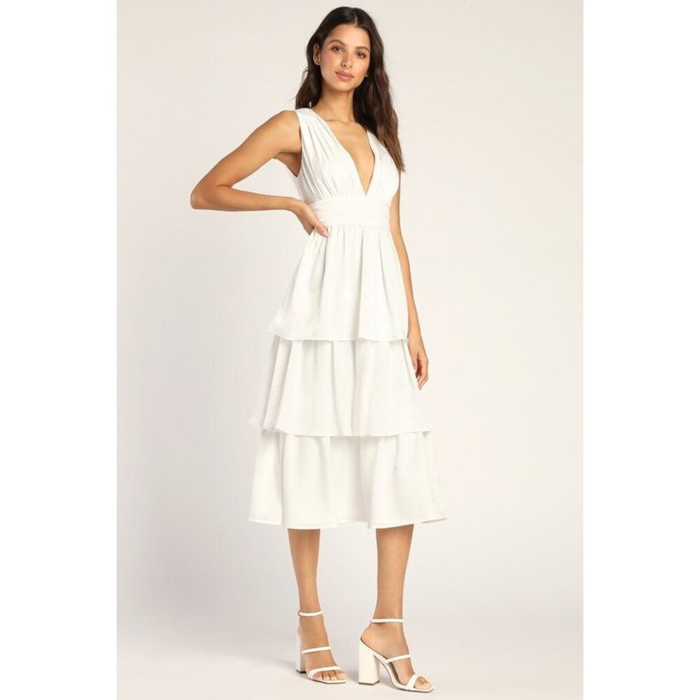 Lulus Peak Party Vibe White Satin Tiered Tie-back Midi Dress - Size XL